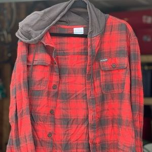 Columbia red plaid button up with hood.